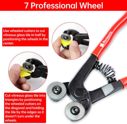 Glass Tile Nippers - Heavy Duty Wheeled Glass Mosaic Nipper & Hd Ceramic Tile Nipper, Tile Cutter Pliers Soft-grip Handle - Shapping Plier, Nipper Cutting Tools (7 Inch Wheeled Glass Mosaic Nipper)
