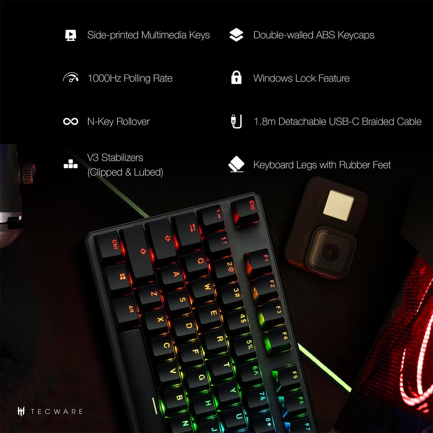 TECWARE Phantom+ 87 Key Mechanical Gaming Keyboard, RGB led, TKL 75% Keyboard, Thocky Sounding, Wraith Pink Switch