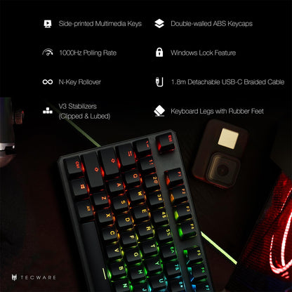TECWARE Phantom+ 87 Key Mechanical Gaming Keyboard, RGB led, TKL 75% Keyboard, Thocky Sounding, Wraith Pink Switch