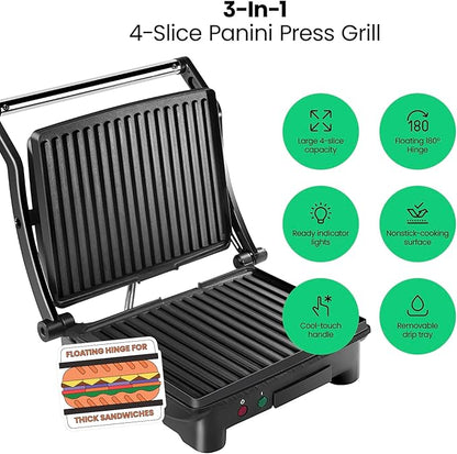 Chefman Panini Press Grill and Gourmet Sandwich Maker NonStick Coated Plates,Opens 180 Degrees to Fit Any Type or Size of Food,Stainless Steel Surface and Removable Drip Tray,4 Slice,Black,(Pack of 2)