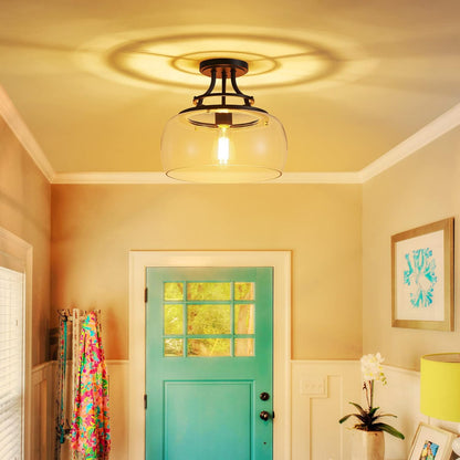 WUZUPS Chandelier Rustic Farmhouse Industrial Round Semi-flushmount Ceiling LED Light Fixture with Clear Glass Shades for Bathroom Kitchen Foyer Entryway, H 11.8" x W 13.4", E26 Base, Black