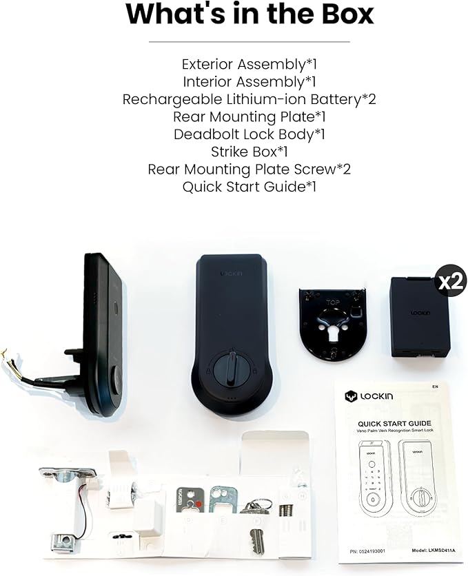 Lockin Veno Smart Deadbolt Lock with Dual Swappable Batteries for 14-Month Extended Power, Palm Vein & Fingerprint Keyless Entry, Built-in Wi-Fi, Doorbell, App Remote Control, IP65 Waterproof