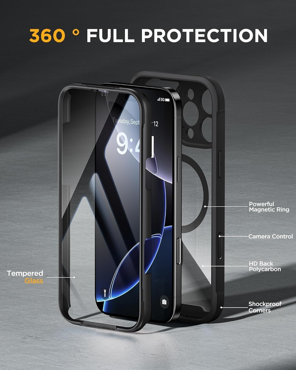Miracase Magnetic for iPhone 16 Pro Case Full-Body Phone with Built-in Glass Screen Protector, [Compatible with MagSafe] Military Drop Proof 16 Pro Cover Bumper 6.3 inch, Black