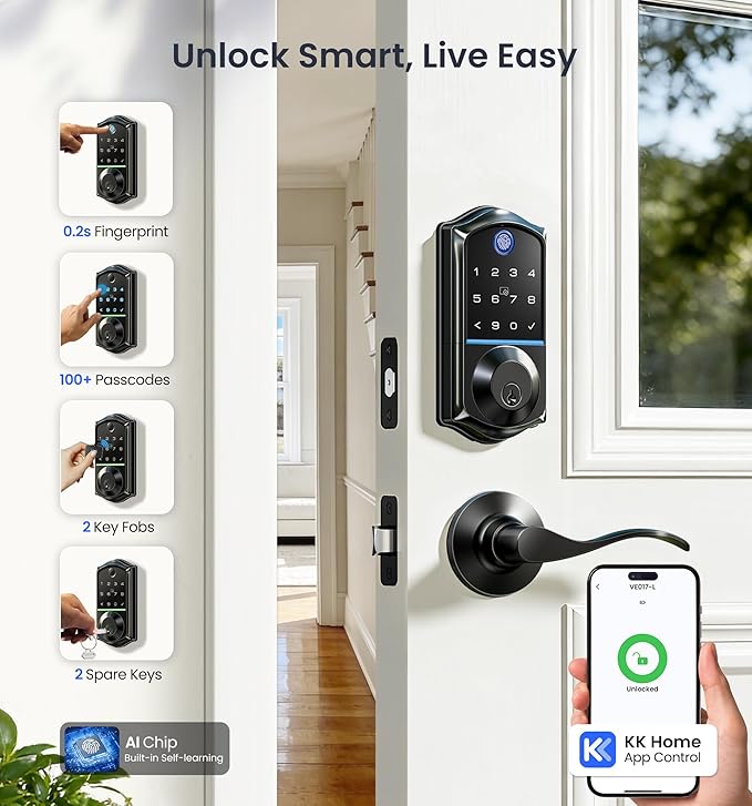 Veise VE017-L Fingerprint Smart Lock with Lever Handles, App Control, Keyless Entry Front Door Lock Set, Electronic Digital Keypad Deadbolt, Remote Grant, Emergency Power Port, Auto Lock, Matte Black