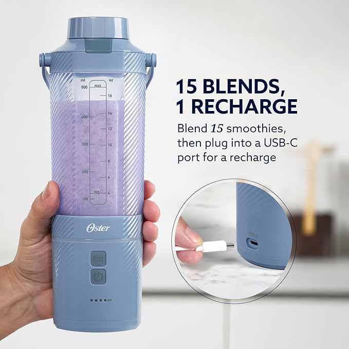 Oster – GoMax 20oz Portable Blender, Anti-Jam Reversible Blade, Detachable Travel Cup - Blue