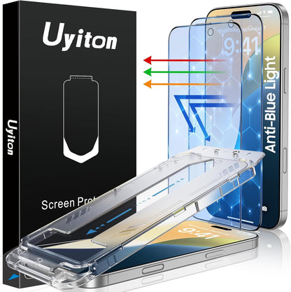 Uyiton Compatible with iPhone 16 Plus Screen Protector (Anti-Blue Light) - [Easy to Install] Shatterproof Full Coverage [Case Friendly] 9H Tempered Glass Screen Protector for iPhone 16 Plus, 2 Pack
