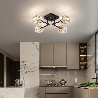 Modern Crystal Ceiling Light,Semi Flush Mount Ceiling Light Fixture with 4-Lights,Black and Gold Sputnik Chandeliers for Bedroom,Dining Room,Farmhouse Kitchen,Office,Entryway Hallway