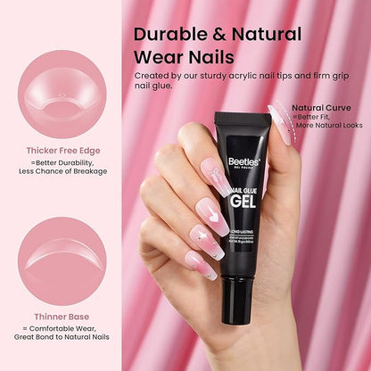 Beetles Gel Nail Kit Medium Coffin with Nail Dehydrator and Primer, 576Pcs Half Matte Etch-X Gel Nail Tips Solid Nail Glue Mini Nail Lamp Acrylic Nail Tips Easy DIY Nail Extension Set Gift for Women