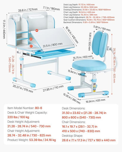 VEVOR Kids Study Chair and Desk Set, Study Desk and Chair for Kids with Bookshelf & Storage Drawer, Adjustable Height & 0-40 Tilted Desktop, Blue