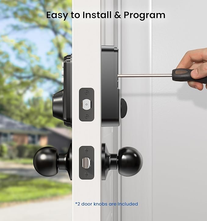 Veise Fingerprint Door Lock with 2 Knobs - Keyless Entry Door Lock with Handle, Electronic Keypad Deadbolt, Smart Front Handle Set, Auto-Locking, Waterproof, Easy Installation, Matte Black