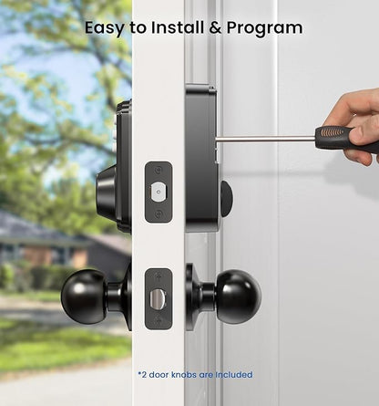 Veise Fingerprint Door Lock with 2 Knobs - Keyless Entry Door Lock with Handle, Electronic Keypad Deadbolt, Smart Front Handle Set, Auto-Locking, Waterproof, Easy Installation, Matte Black