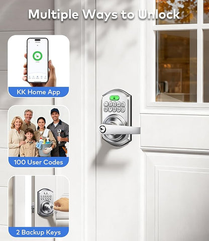 TEEHO TE019 Smart Keyless Entry Door Lock with Handle, App Control, Digital Electronic Keypad, Remote One-Time Code Sharing, Auto Lock & Passage Mode, for Bedroom & Rental, Satin Nickel