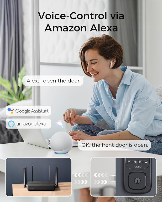 Keyless Entry Door Lock, WiFi Smart Keypad Deadbolt with Handle Set, Supports Fingerprint, Amazon Alexa, Google Assistant, App Control, Auto-Lock, One-Time Code, Anti-Peeking Password