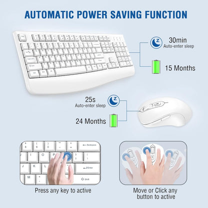 Wireless Keyboard and Mouse Combo, EDJO Full-Sized Ergonomic Computer Keyboard with Wrist Rest and 3 Level DPI Adjustable Wireless Mouse for Windows, Mac OS Desktop/Laptop/PC (White)