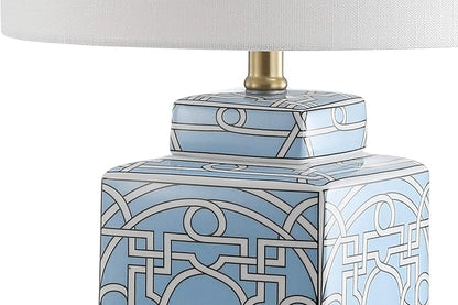 JONATHAN Y 22" Blue/White Modern Ceramic Ginger Jar Table Lamp for Nightstand, Square Lattice Transitional Chinoiserie Lamp for Living Room, White Linen Shade, LED Bulb JYL3044A