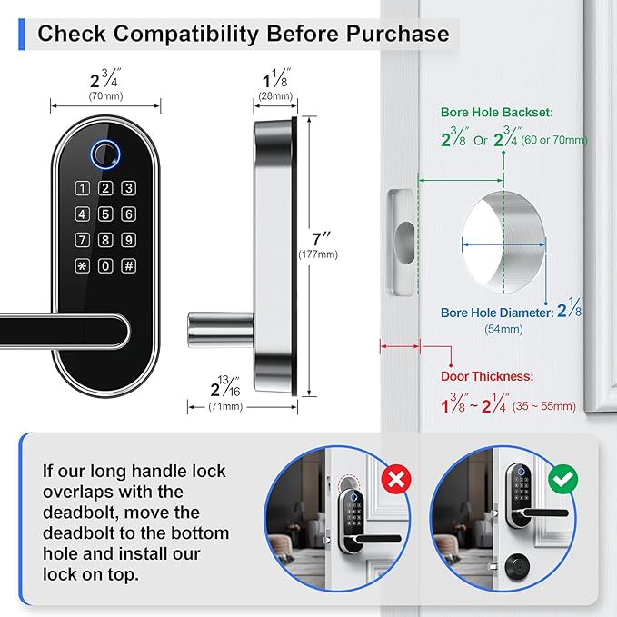 Bluetooth Fingerprint Smart Lock with Handle & Keypad – Fits Most US Doors, DIY Install, Keyless Entry: Code, FOB, Auto-Lock. Ideal for Home, Airbnb, Rental, Kids, Seniors. Alexa & Google Compatible