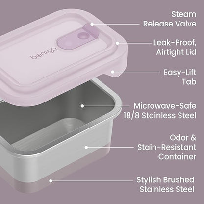 Bentgo MicroSteel Heat & Eat Container – Microwave-Safe, Leak-Proof & Airtight, Easy-to-Clean Lightweight Stainless Steel Reusable Food Storage with Silicone Lid (Lunch Size; 3-Cup Capacity; Dusk)