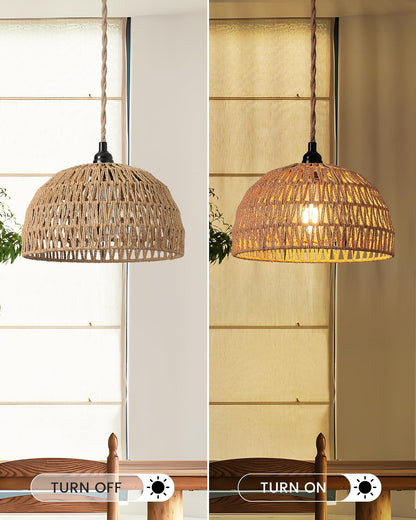 Rattan Hanging Lamp,Boho Pendant Lights,Plug in Cord Hanging Rattan Light,Plug Into Wall Outlet Pendant Light Fixture On/Off Switch for Living,Dinner Room,Bedroom,Kitchen,for E26,without Bulb