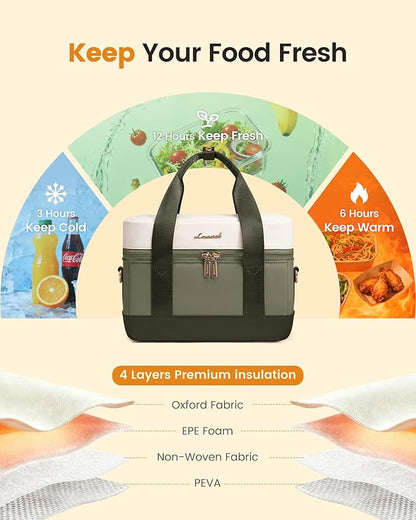 LOVEVOOK Insulated Lunch Box for Women Men, Reusable Lunch Bag with Large Capacity, Leakproof Cooler Lunch Tote for Work, Office, Outdoor Use, Light Green-beige-Dark olive Green