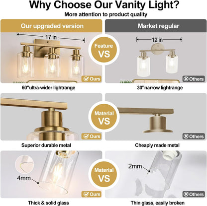 3 Light Bathroom Light Fixtures, Brass Vanity Lights for Bathroom with Clear Glass Shades, Modern Bathroom Wall Sconces for Mirror Living Room Cabinet