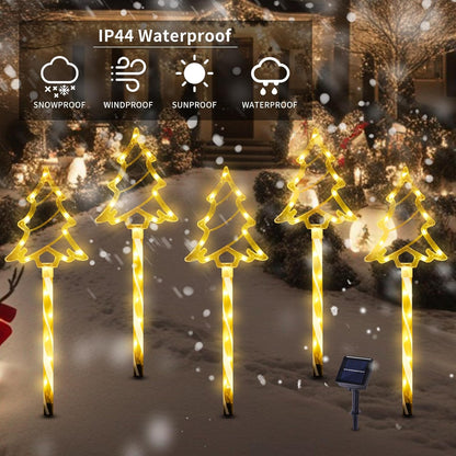 Christmas Solar Pathway Lights Outdoor Decorations, 8 Modes Xmas Tree Candy Lights Waterproof Led Garden Stake Light for Walkway Yard Lawn Porch Holiday Decor 5-Pack (Yellow Tube Tree, 5 Pack)