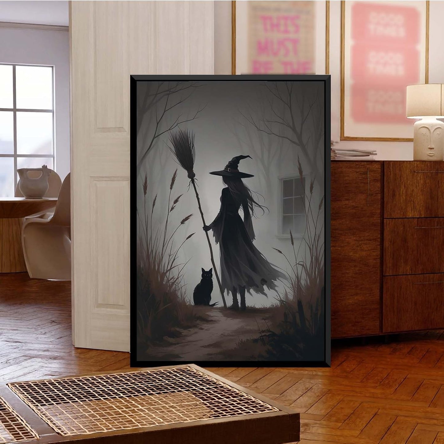 JFHCQJPK Vintage forest witch and black cat poster Halloween mural poster decoration mural art magic suitable for home living room bedroom12x16in Metal blackFramed