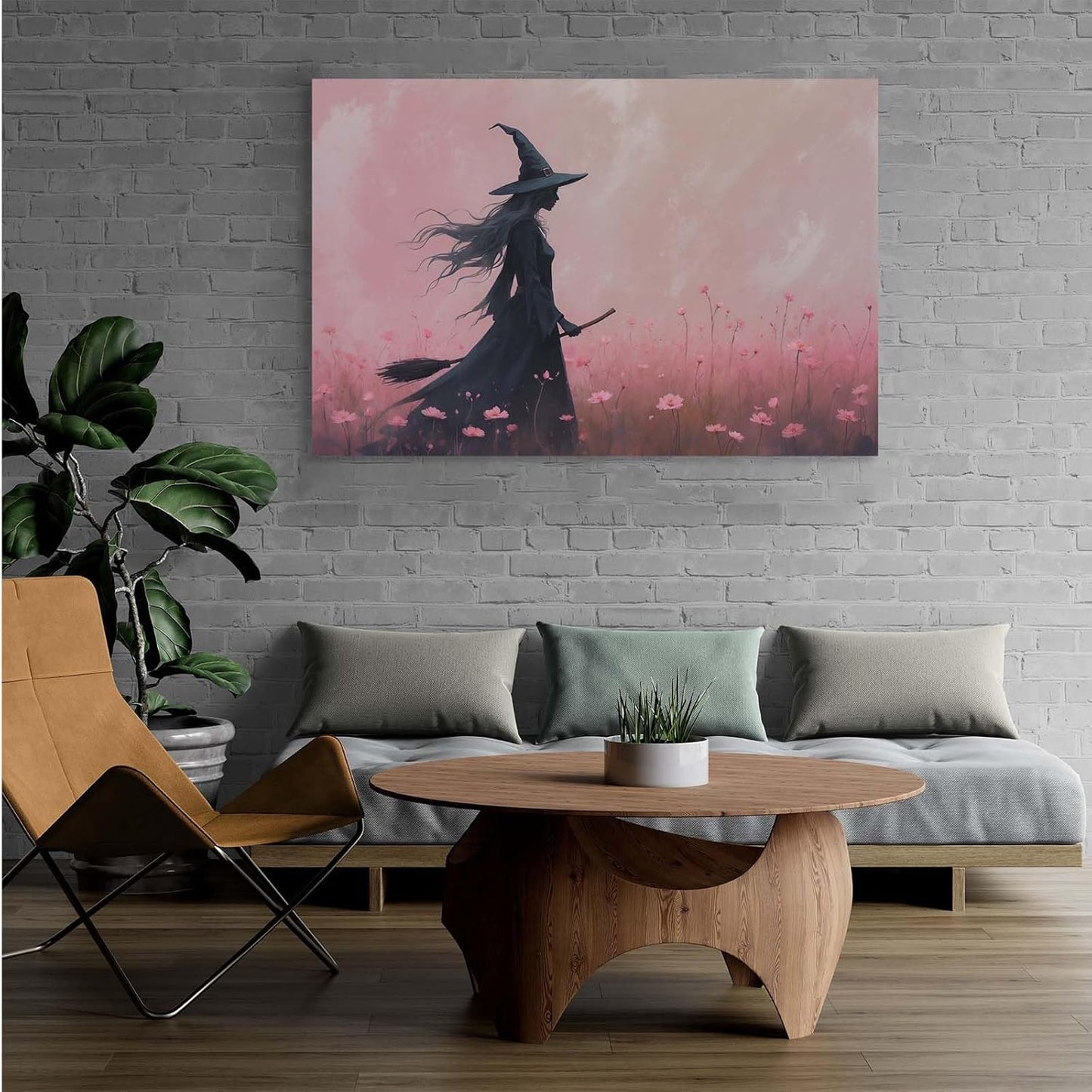 Witch in the pink sea of flowers Halloween prints weird flowers wall art silhouette painting fashionable romantic decoration suitable for bedroom28x40in Wood Framed