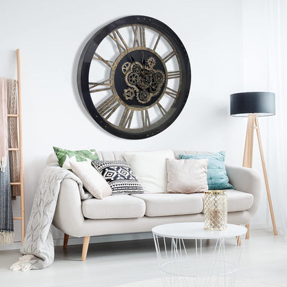 DORBOKER 30" Large Wall Clock Moving Gears,Oversized Industrial Rustic Farmhouse Clocks for Living Room Decor Office Home, Solid Wood Retro Metal HD Tempered Glass Cover,Black and Vintage Bronze