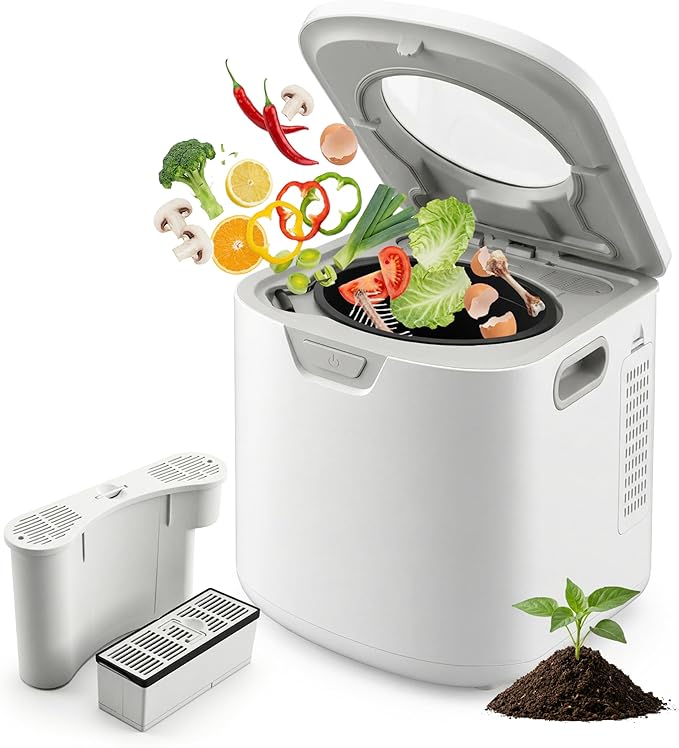 NutriChef 4 Quart Electric Kitchen Composter | Smart Countertop Composter Includes 2 Odorless Carbon Filters | Electric Compost Bin for Indoor Use | 3 Volume Based Modes Small, Medium & Large | White