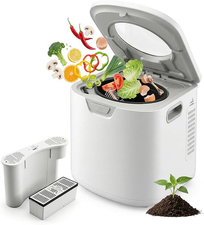 NutriChef 4 Quart Electric Kitchen Composter | Smart Countertop Composter Includes 2 Odorless Carbon Filters | Electric Compost Bin for Indoor Use | 3 Volume Based Modes Small, Medium & Large | White