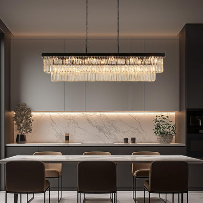 Crystal Chandeliers for Dining Room Light Fixtures Over Table，18-Lights Black Modern Rectangle Chandeliers for Kitchen Island Bar L46 Inch