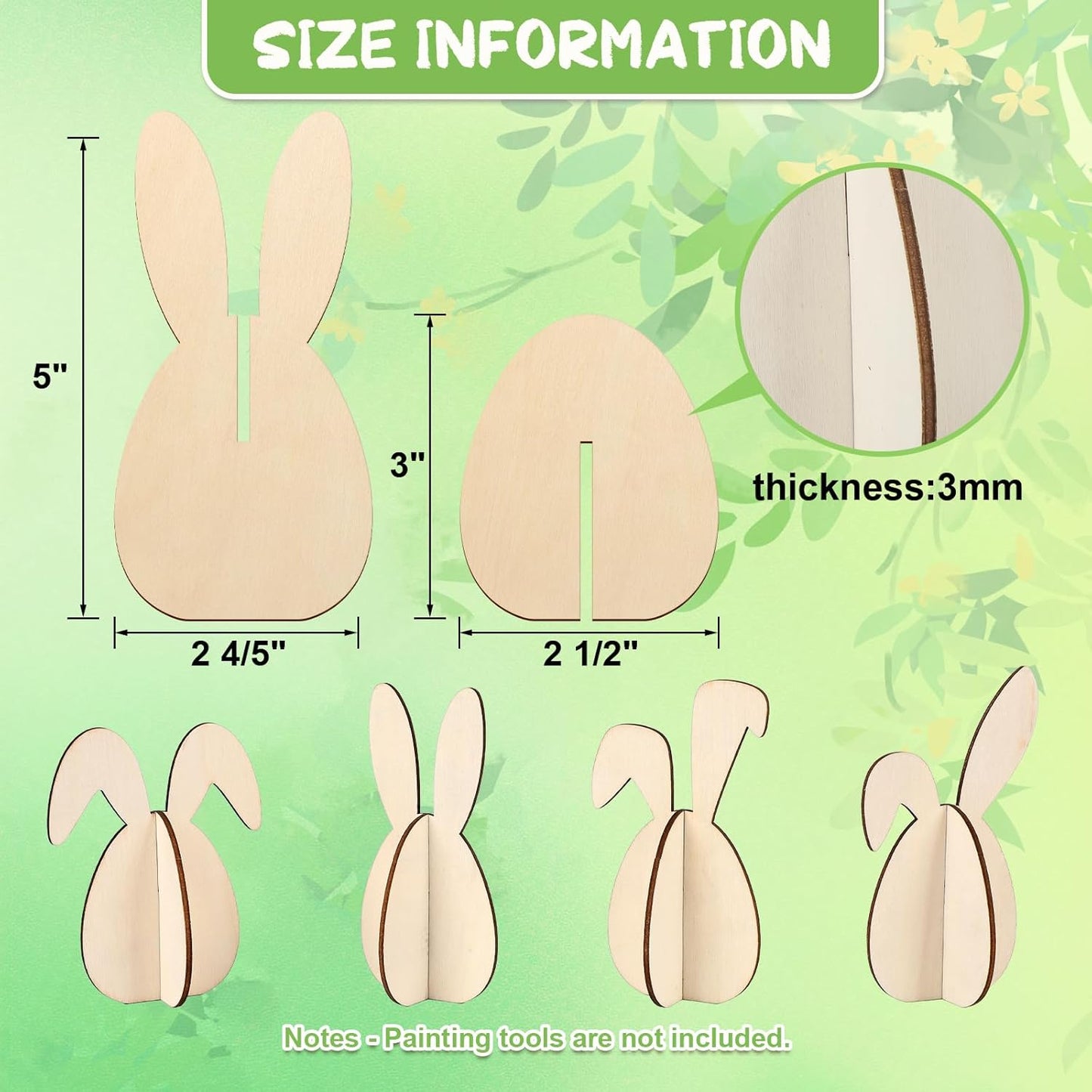 COCHIE DIY 3D Easter Eggs Wood Crafts to Paint for Kids Adults, Paintable Unfinished Wooden Slices for Craft, Bunny Ears Cutouts Ornaments for Painting Decorations (24 PCS)