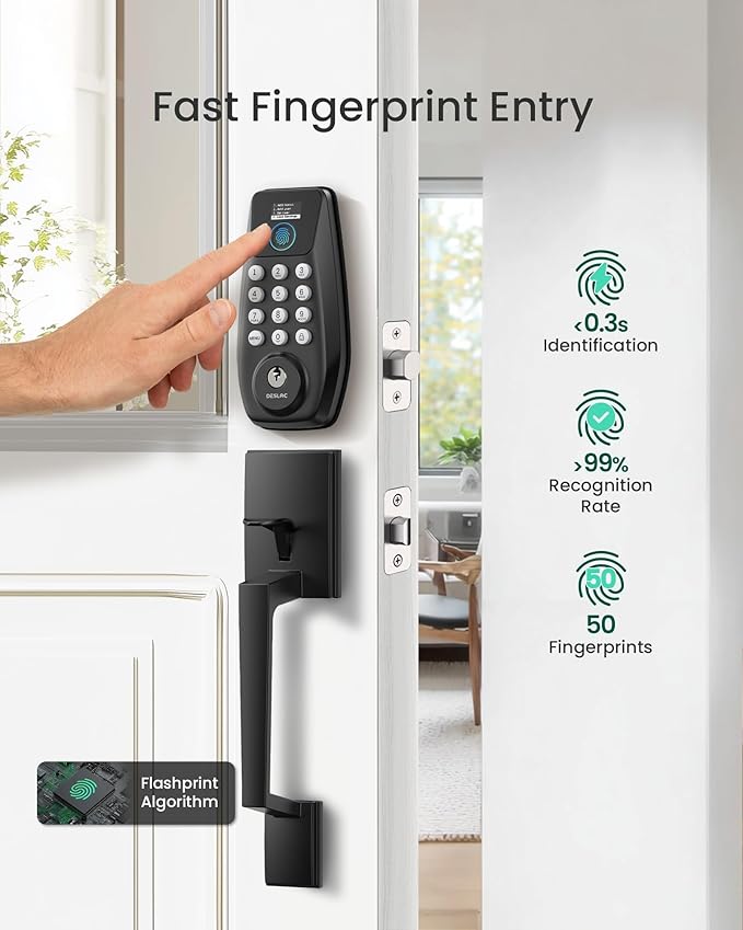 DESLOC C110 Keyless Entry Door Lock with Handle Set&Display (Smart Screen), Fingerprint Door Locks, Keypad Deadbolt, Auto-Lock, Backlit Keys, Passage Mode, IP54 Waterproof