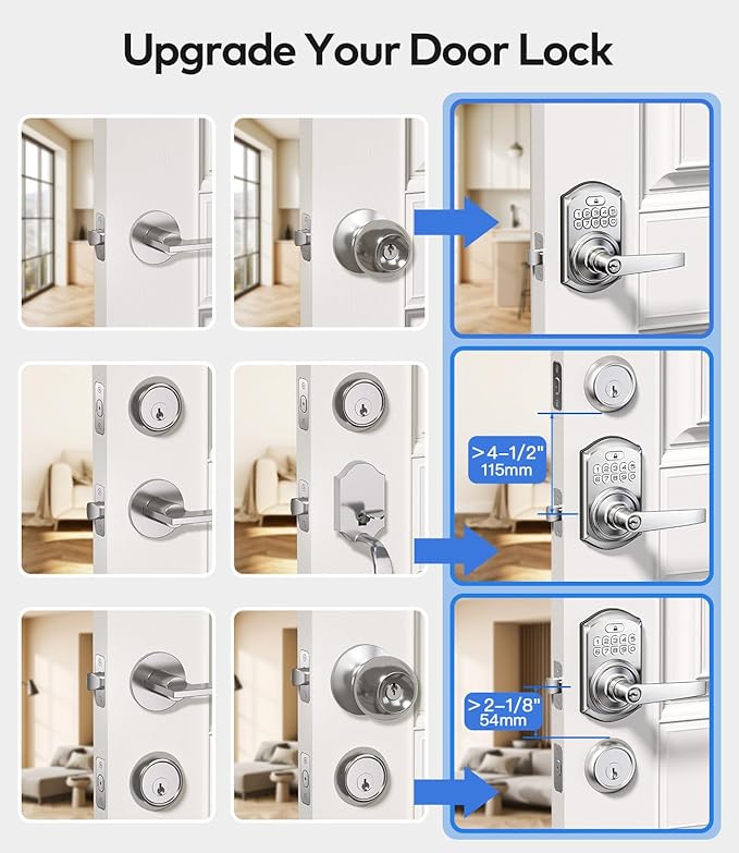 TEEHO TE019 Smart Keyless Entry Door Lock with Handle, App Control, Digital Electronic Keypad, Remote One-Time Code Sharing, Auto Lock & Passage Mode, for Bedroom & Rental, Satin Nickel