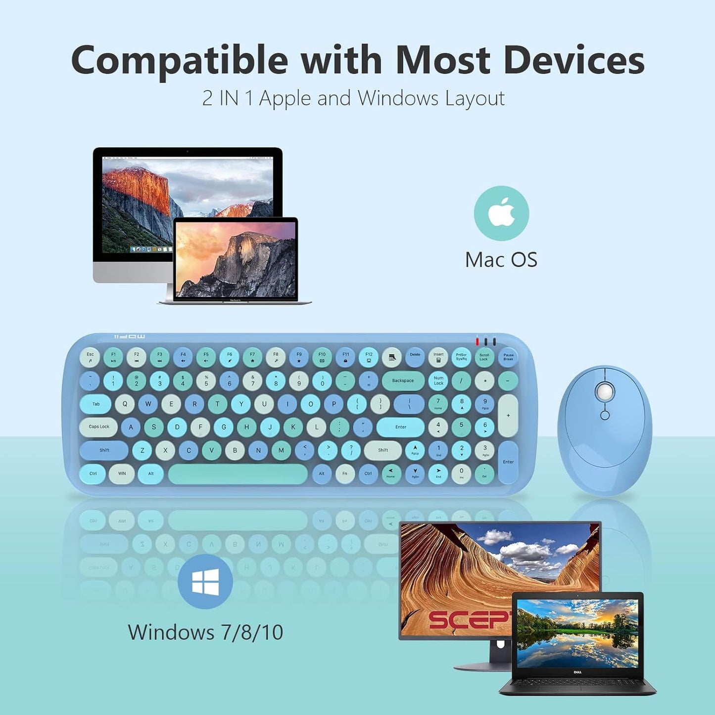 KNOWSQT Wireless Keyboard and Mouse Combo, Light Blue 100 Keys 2.4 GHz Round Keycap Typewriter Keyboards, USB Receiver Plug and Play, for Windows, PC, Laptop, Computer, Desktop