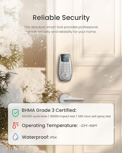 DESLOC C110 Fingerprint Keyless Entry Door Locks, Front Door Smart Lock Deadbolt with 2 Lever Handles,Auto-Lock, Backlit Keypad, 12 Months Battery, lP54 Waterproof, BHMA Grade 3 (Sliver)