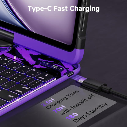 iPad Keyboard Case for iPad 10th Gen (2022) & 11th (A16, 2025), Magic Wireless Keyboard with Trackpad 7 Color Backlit 360° Rotating Stand Transparent Protective Cover with Pencil Holder (Purple)
