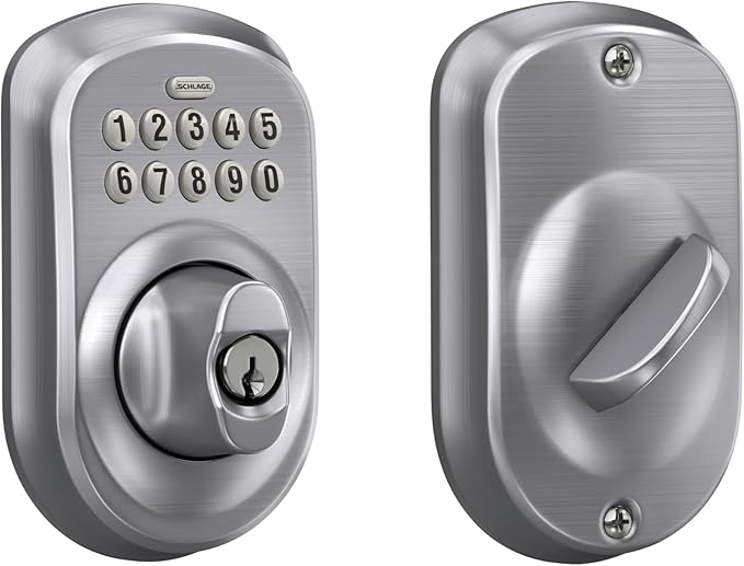 Schlage BE365 PLY 626 Plymouth Keypad Deadbolt, Electronic Keyless Entry Lock, Satin Chrome
