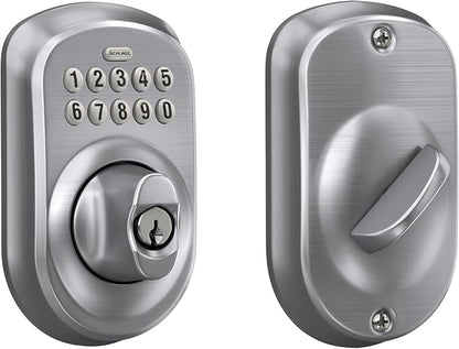 Schlage BE365 PLY 626 Plymouth Keypad Deadbolt, Electronic Keyless Entry Lock, Satin Chrome