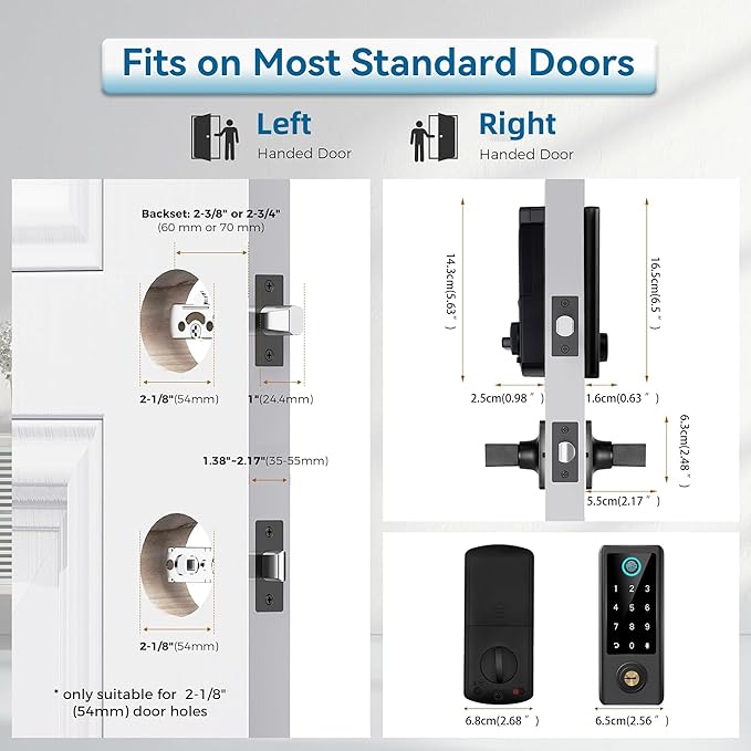 BEBASIA Smart Fingerprint Door Lock with Handle Set, Full App Control, Electronic Digital Touchscreen Keypad, Deadbolt Smart Locks for Front Door, Auto Lock, Black