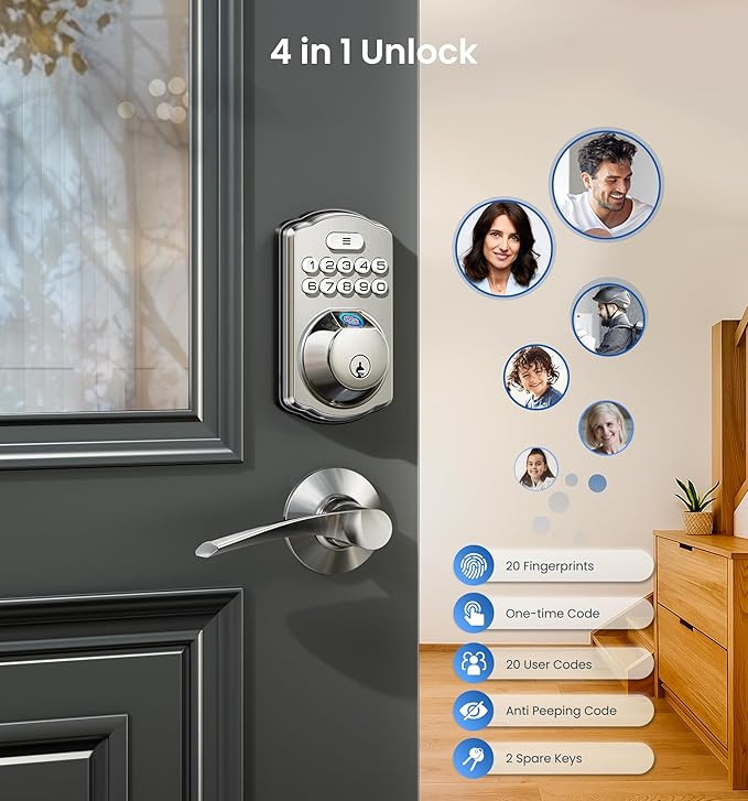 Veise KS02A Fingerprint Keyless Entry Door Lock, Auto Lock, Electronic Keypad Deadbolt for Front Door, Biometric, Anti-Peeping Password, Easy Install, Satin Nickel