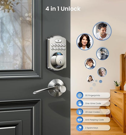 Veise KS02A Fingerprint Keyless Entry Door Lock, Auto Lock, Electronic Keypad Deadbolt for Front Door, Biometric, Anti-Peeping Password, Easy Install, Satin Nickel