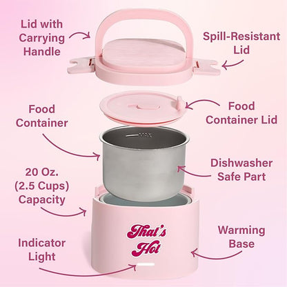 Paris Hilton Electric Lunch Warmer, 20-Ounce Stainless Steel Portable Food Container With Sealing Lid, Removable 2.5-Cup Inner Dish, “That’s Hot” Front Decal, Pink