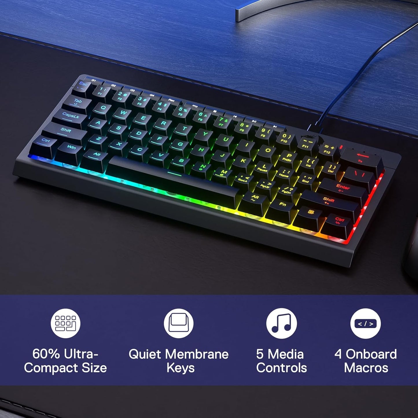 Redragon K522 60% Wired RGB Membrane Gaming Keyboard, Compact 61 Keys Linear Mechanical-Feel Switch Keyboard w/ 4 Extra On-Board Macro Keys & Media Control Keys