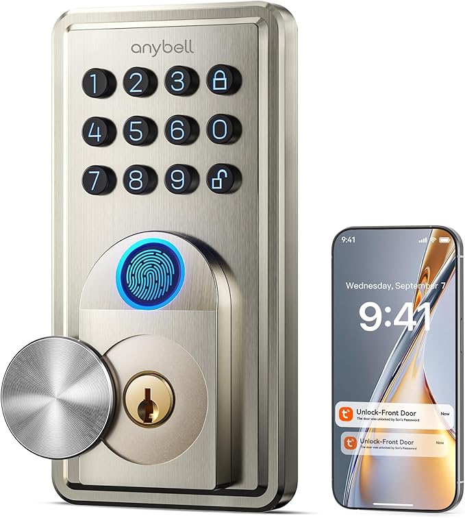 Fingerprint Door Lock - ANYBELL Keyless Entry Smart Lock Deadbolt with Electronic Keypad, App Control & Auto Lock, Easy Install for Front Door - Satin Nickel