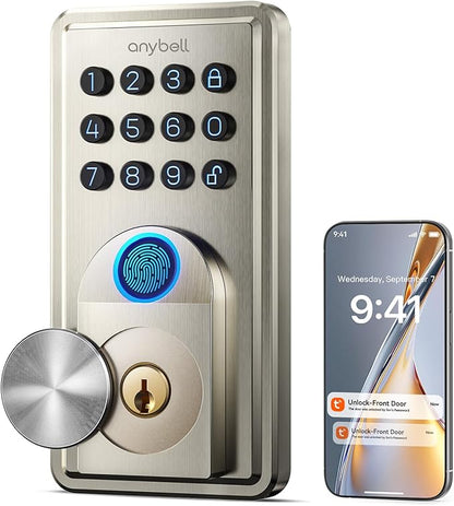 Fingerprint Door Lock - ANYBELL Keyless Entry Smart Lock Deadbolt with Electronic Keypad, App Control & Auto Lock, Easy Install for Front Door - Satin Nickel