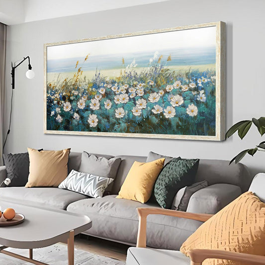 Arjun Flowers Wall Art Canvas White Daisy Floral Painting Blue Coastal Landscape Picture Modern Artwork for Living Room Bedroom Bathroom Dinning Room Office Home Wall Decor Large Framed 48"x24"