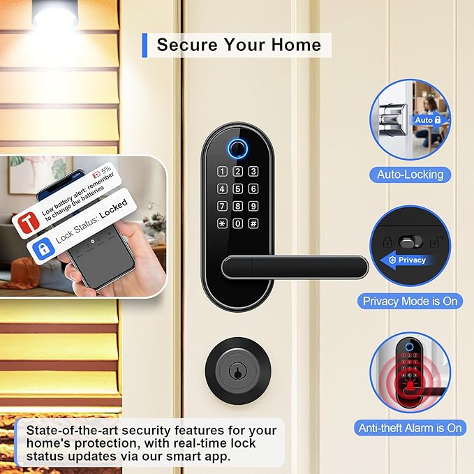 Bluetooth Fingerprint Smart Lock with Handle & Keypad – Fits Most US Doors, DIY Install, Keyless Entry: Code, FOB, Auto-Lock. Ideal for Home, Airbnb, Rental, Kids, Seniors. Alexa & Google Compatible