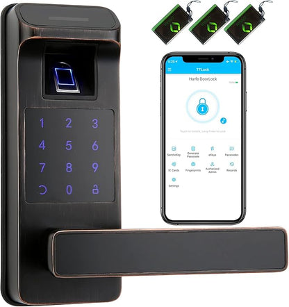 Harfo Smart Door Lock, Heavy Duty 5 in 1 Keyless Entry Door Lock, Full App Control Digital Keypad Lock, Reversible Handle with Fingerprints and Passcodes for Family/Office/Apartment (Aged Bronze)