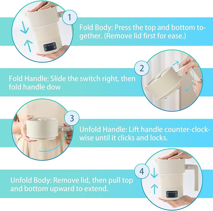 Portable Electric Kettle-600ML Collapsible Electric Kettle，600W Travel Water Boiler with 4-Temp Presets, Food Grade Silicone for Camping,Hotel, Office